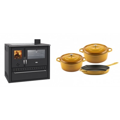 Set Küchenofen / Küchenhexe Wasserführend Prity GT W10, mit Edelstahl-Backofen, Glaskeramik-Kochfeld und Schublade, 13.3 kW + Gusseisen Topf Set aus 3 teilen Solagio, Dijon - Kaminofen - Holzofen mit Backfach