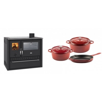 Set Küchenofen / Küchenhexe Wasserführend Prity GT W10, mit Edelstahl-Backofen, Glaskeramik-Kochfeld und Schublade, 13.3 kW + Gusseisen Topf Set aus 3 teilen Solagio, Rubin - Kaminofen - Holzofen mit Backfach