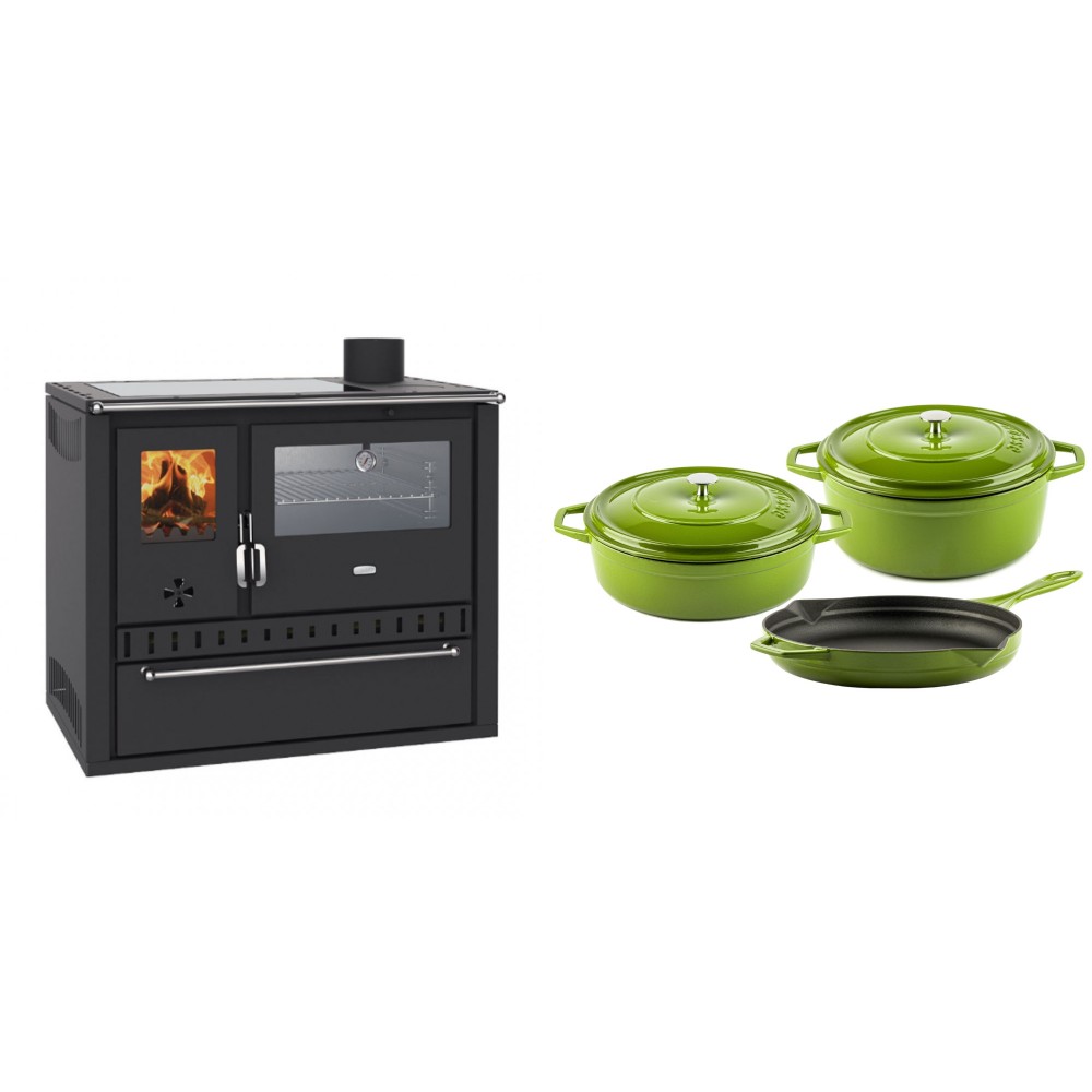 Set Küchenofen / Küchenhexe Wasserführend Prity GT W10, mit Edelstahl-Backofen, Glaskeramik-Kochfeld und Schublade, 13.3 kW + Gusseisen Topf Set aus 3 teilen Solagio, Bamboo | Kaminofen - Holzofen mit Backfach | Kaminofen |