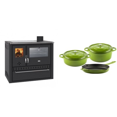 Set Küchenofen / Küchenhexe Wasserführend Prity GT W10, mit Edelstahl-Backofen, Glaskeramik-Kochfeld und Schublade, 13.3 kW + Gusseisen Topf Set aus 3 teilen Solagio, Bamboo - Kaminofen - Holzofen mit Backfach