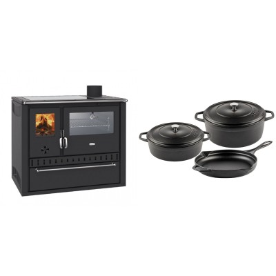 Set Küchenofen / Küchenhexe Wasserführend Prity GT W10, mit Edelstahl-Backofen, Glaskeramik-Kochfeld und Schublade, 13.3 kW + Gusseisen Topf Set aus 3 teilen Solagio, Black Onyx - Kaminofen - Holzofen mit Backfach
