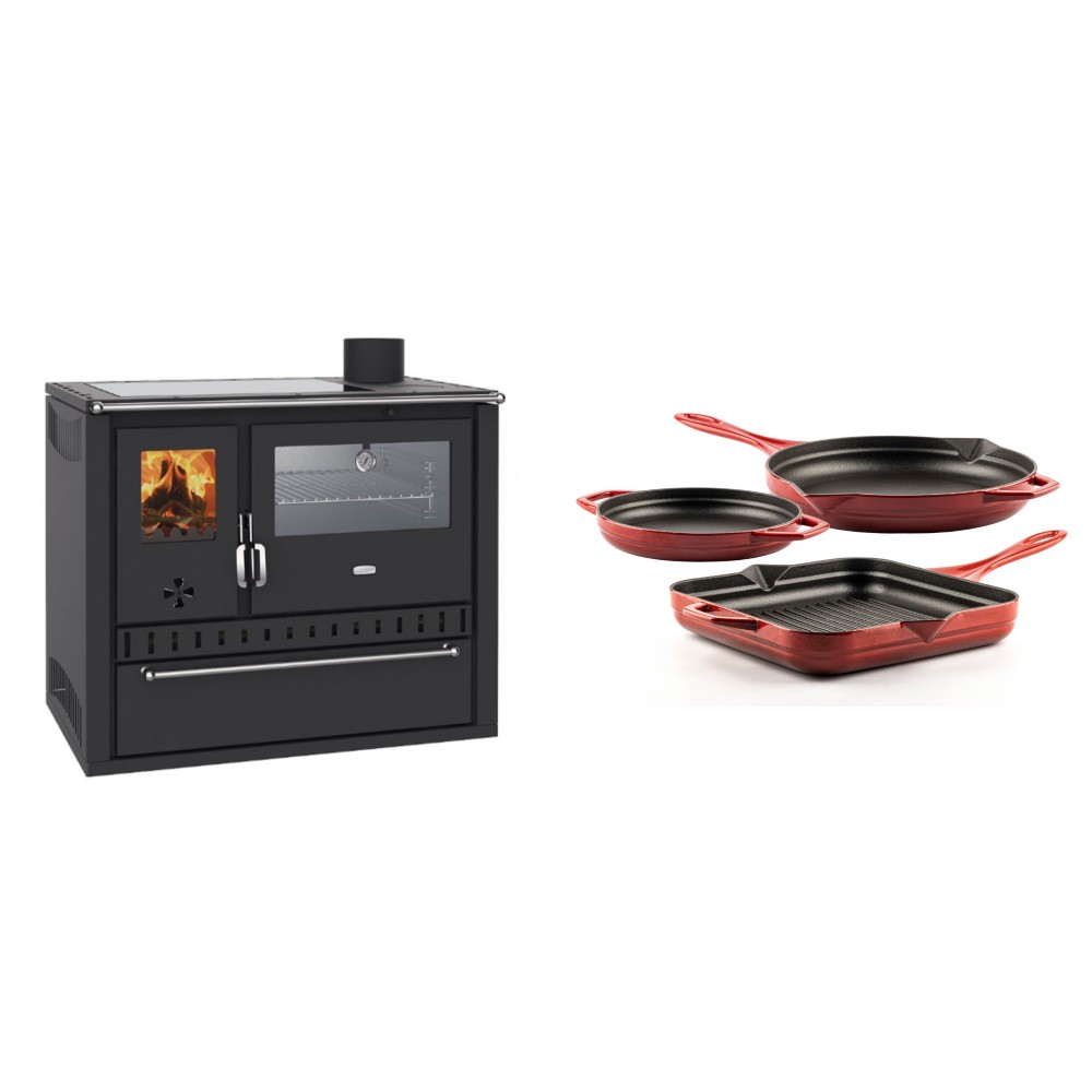 Set Küchenofen / Küchenhexe Wasserführend Prity GT W10, mit Edelstahl-Backofen, Glaskeramik-Kochfeld und Schublade, 13.3 kW + Gusseisen Topf Set aus 3 teilen Solagio, Rubin | Kaminofen - Holzofen mit Backfach | Kaminofen |