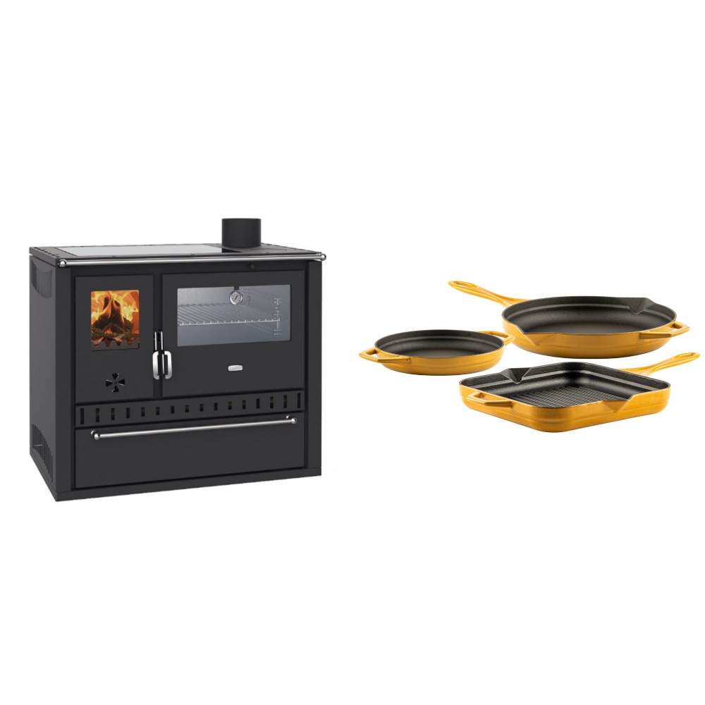 Set Küchenofen / Küchenhexe Wasserführend Prity GT W10, mit Edelstahl-Backofen, Glaskeramik-Kochfeld und Schublade, 13.3 kW + Gusseisen Topf Set aus 3 teilen Solagio, Dijon
