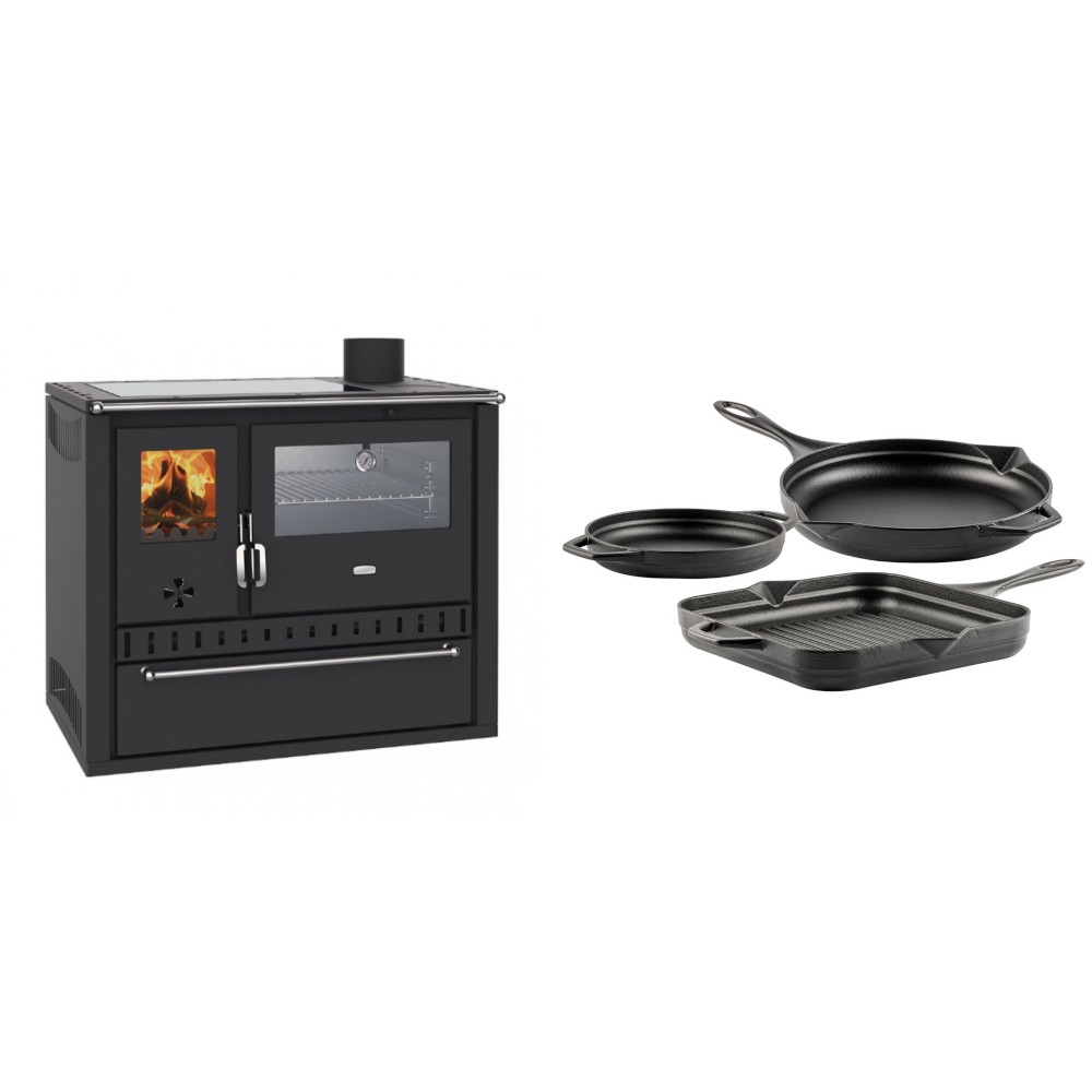 Set Küchenofen / Küchenhexe Wasserführend Prity GT W10, mit Edelstahl-Backofen, Glaskeramik-Kochfeld und Schublade, 13.3 kW + Gusseisen Topf Set aus 3 teilen Solagio, Black Onyx