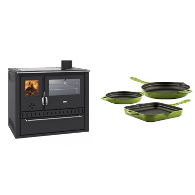 Set Küchenofen / Küchenhexe Wasserführend Prity GT W10, mit Edelstahl-Backofen, Glaskeramik-Kochfeld und Schublade, 13.3 kW + Gusseisen Topf Set aus 3 teilen Solagio, Bamboo - Kaminofen - Holzofen mit Backfach