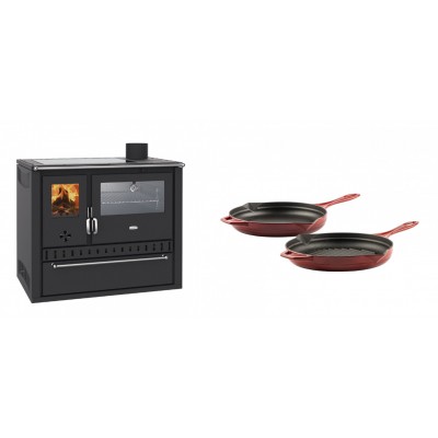 Set Küchenofen / Küchenhexe Wasserführend Prity GT W10, mit Edelstahl-Backofen, Glaskeramik-Kochfeld und Schublade, 13.3 kW + Gusseisen Topf Set aus 2 teilen Solagio, Rubin - Kaminofen - Holzofen mit Backfach