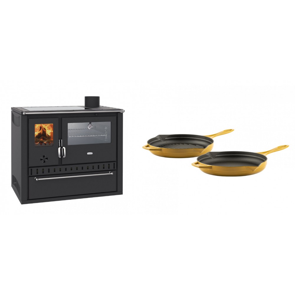 Set Küchenofen / Küchenhexe Wasserführend Prity GT W10, mit Edelstahl-Backofen, Glaskeramik-Kochfeld und Schublade, 13.3 kW + Gusseisen Topf Set aus 2 teilen Solagio, Dijon | Kaminofen - Holzofen mit Backfach | Kaminofen |