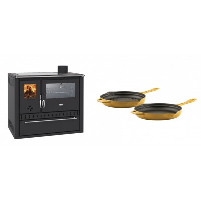 Set Küchenofen / Küchenhexe Wasserführend Prity GT W10, mit Edelstahl-Backofen, Glaskeramik-Kochfeld und Schublade, 13.3 kW + Gusseisen Topf Set aus 2 teilen Solagio, Dijon - Kaminofen - Holzofen mit Backfach
