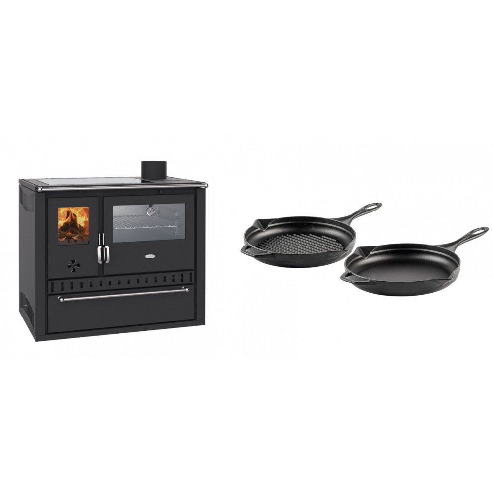 Set Küchenofen / Küchenhexe Wasserführend Prity GT W10, mit Edelstahl-Backofen, Glaskeramik-Kochfeld und Schublade, 13.3 kW + Gusseisen Topf Set aus 2 teilen Solagio, Black Onyx | Kaminofen - Holzofen mit Backfach | Kaminofen |