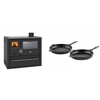 Set Küchenofen / Küchenhexe Wasserführend Prity GT W10, mit Edelstahl-Backofen, Glaskeramik-Kochfeld und Schublade, 13.3 kW + Gusseisen Topf Set aus 2 teilen Solagio, Black Onyx - Kaminofen - Holzofen mit Backfach