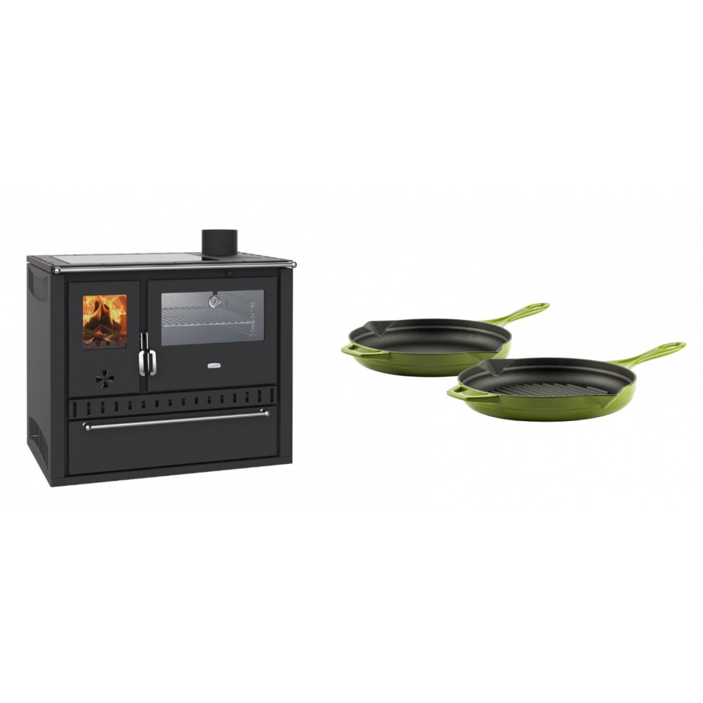 Set Küchenofen / Küchenhexe Wasserführend Prity GT W10, mit Edelstahl-Backofen, Glaskeramik-Kochfeld und Schublade, 13.3 kW + Gusseisen Topf Set aus 2 teilen Solagio, Bamboo