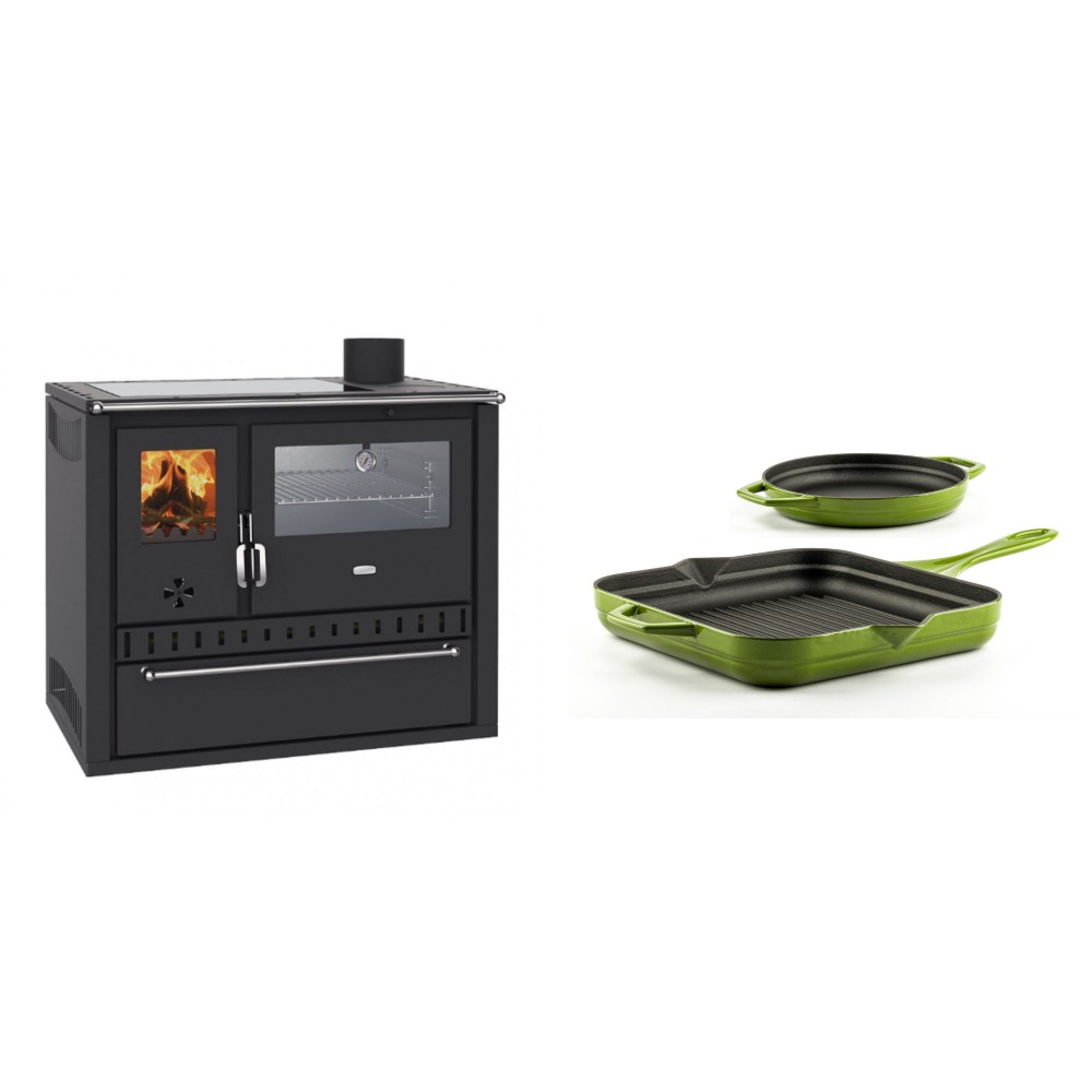 Set Küchenofen / Küchenhexe Wasserführend Prity GT W10, mit Edelstahl-Backofen, Glaskeramik-Kochfeld und Schublade, 13.3 kW + Gusseisen Topf Set aus 2 teilen Solagio, Bamboo