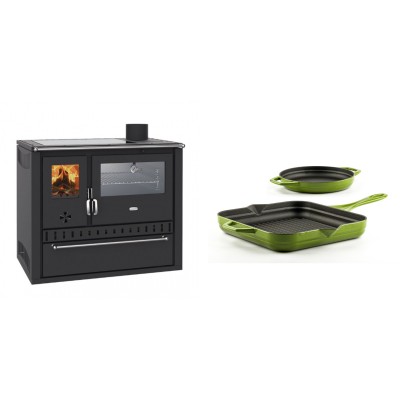 Set Küchenofen / Küchenhexe Wasserführend Prity GT W10, mit Edelstahl-Backofen, Glaskeramik-Kochfeld und Schublade, 13.3 kW + Gusseisen Topf Set aus 2 teilen Solagio, Bamboo - Kaminofen - Holzofen mit Backfach