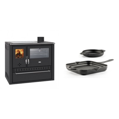 Set Küchenofen / Küchenhexe Wasserführend Prity GT W10, mit Edelstahl-Backofen, Glaskeramik-Kochfeld und Schublade, 13.3 kW + Gusseisen Topf Set aus 2 teilen Solagio, Black Onyx - Kaminofen - Holzofen mit Backfach