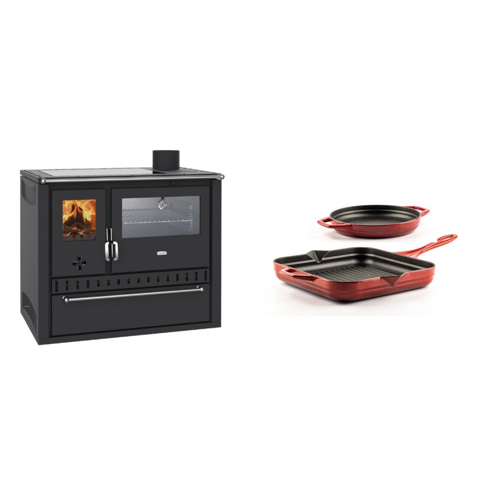 Set Küchenofen / Küchenhexe Wasserführend Prity GT W10, mit Edelstahl-Backofen, Glaskeramik-Kochfeld und Schublade, 13.3 kW + Gusseisen Topf Set aus 2 teilen Solagio, Rubin | Kaminofen - Holzofen mit Backfach | Kaminofen |