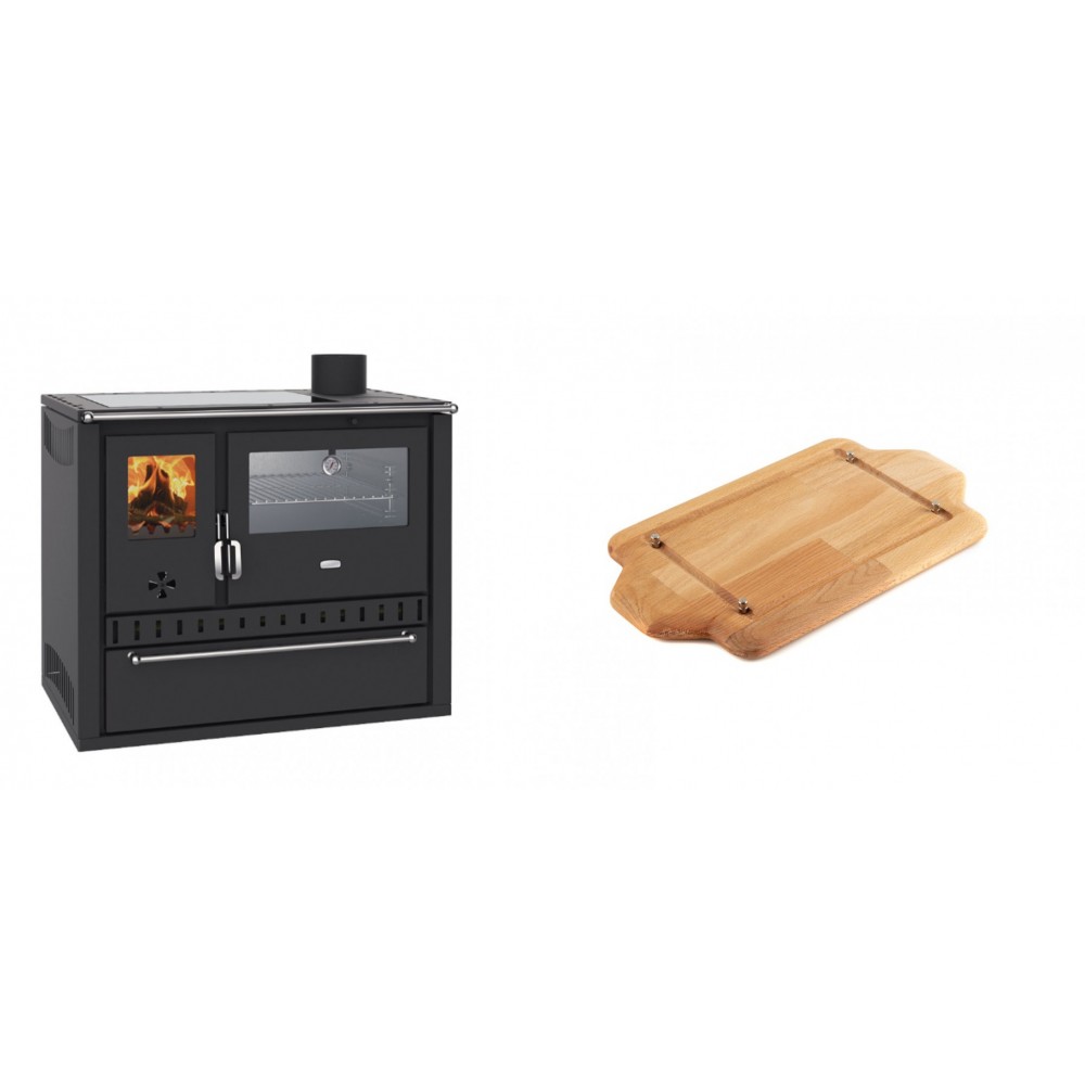 Set Küchenofen / Küchenhexe Wasserführend Prity GT W10, mit Edelstahl-Backofen, Glaskeramik-Kochfeld und Schublade, 13.3 kW + Holz untersetzer für mini-gusseisenplatte Solagio HSDDHP1522