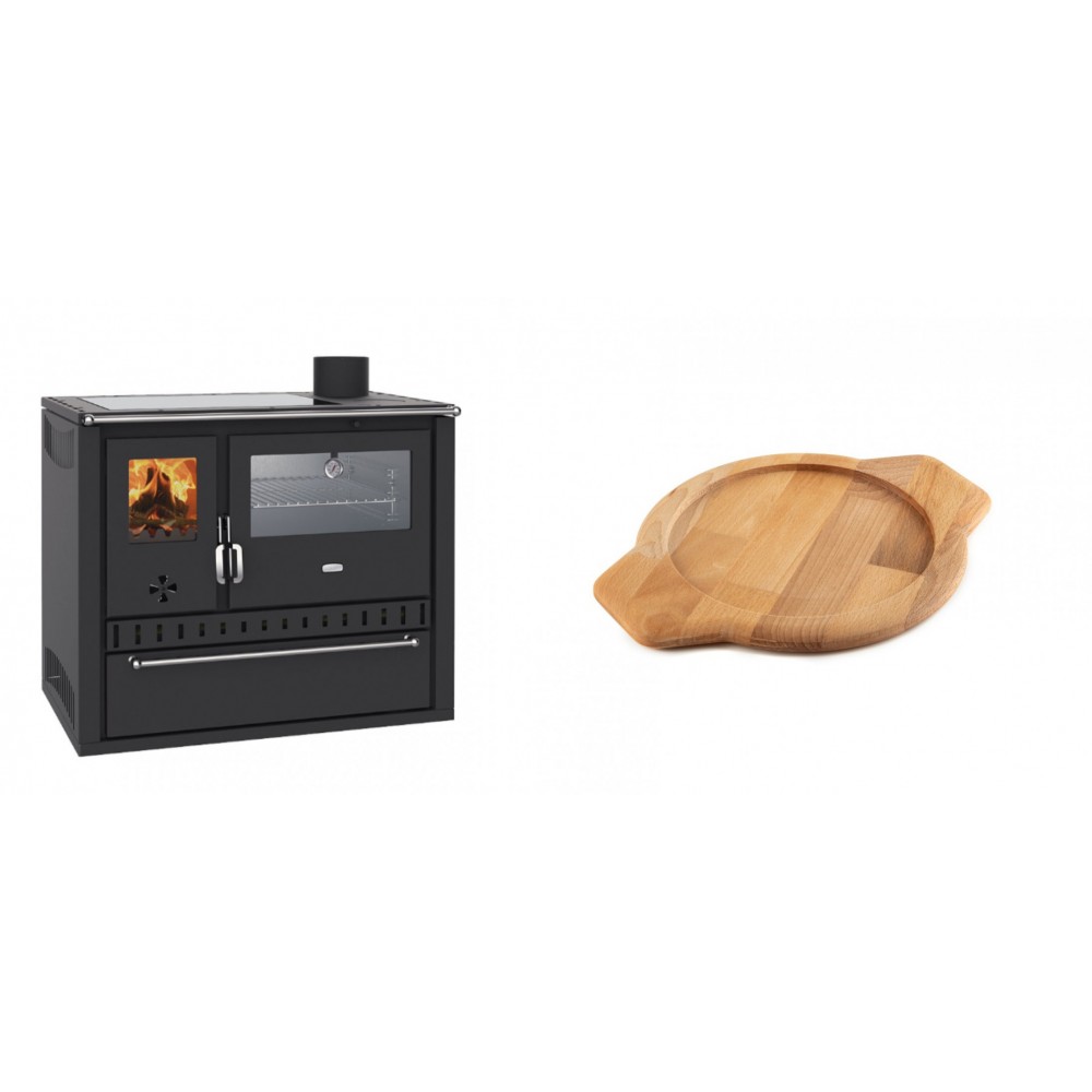 Set Küchenofen / Küchenhexe Wasserführend Prity GT W10, mit Edelstahl-Backofen, Glaskeramik-Kochfeld und Schublade, 13.3 kW + Holz untersetzer für gusseisenschüssel Solagio HSYKTV22