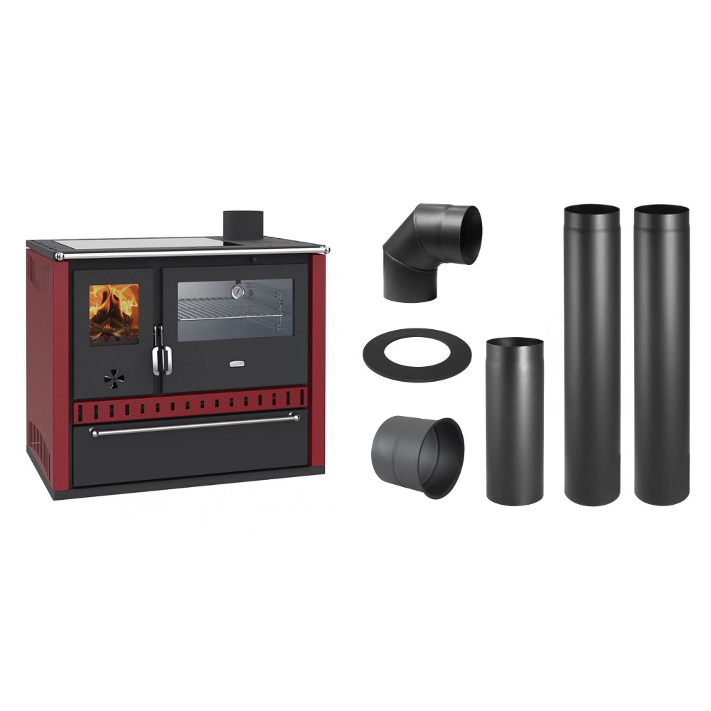 Set Küchenofen / Küchenhexe Wasserführend Prity GT W10 Rot, mit Edelstahl-Backofen, Glaskeramik-Kochfeld und Schublade, 13.3 kW + Schornstein Bausatz PARKANEX, Stahl Ø150, Dicke 2mm | Kaminofen - Holzofen mit Backfach | Kaminofen |