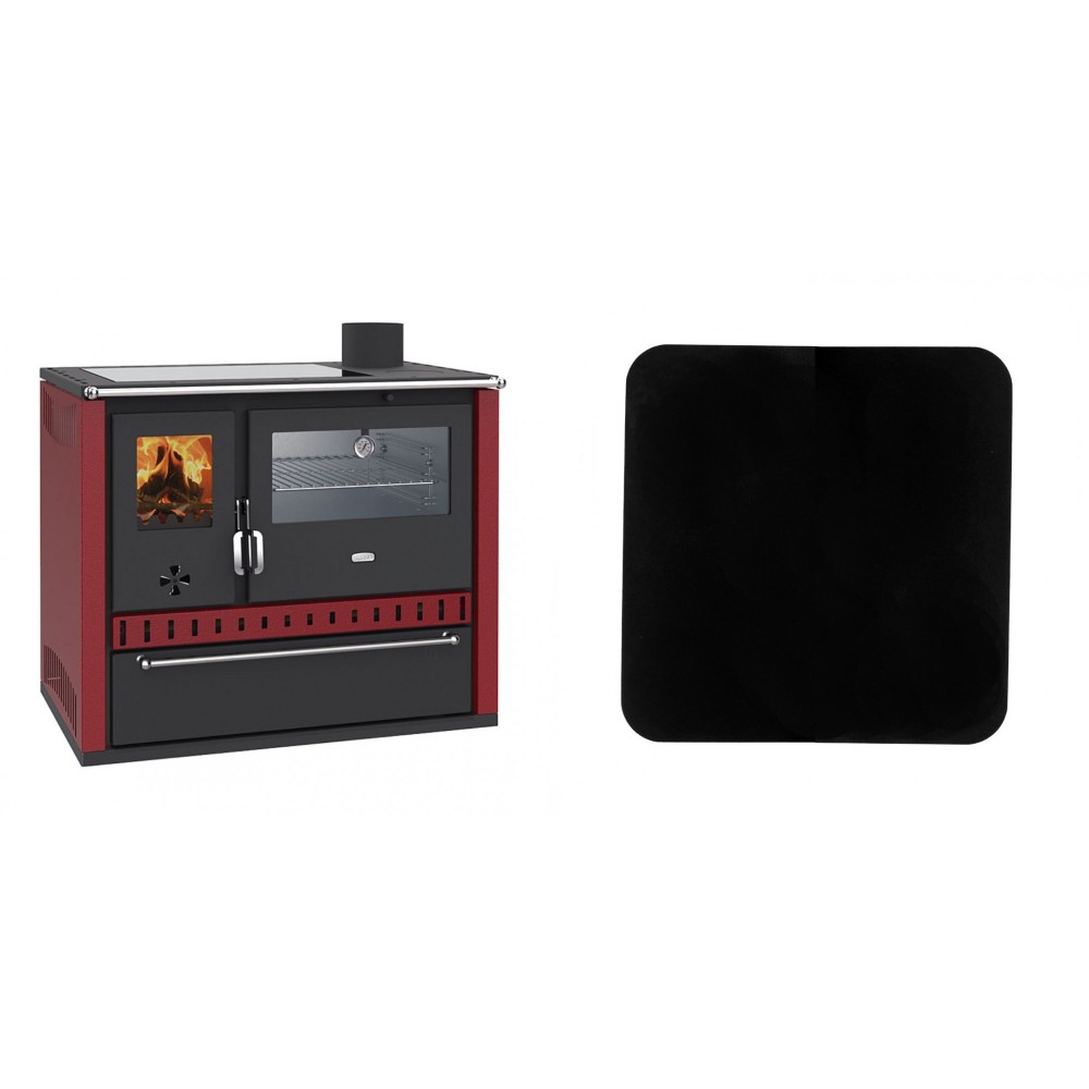 Set Küchenofen / Küchenhexe Wasserführend Prity GT W10 Rot, mit Edelstahl-Backofen, Glaskeramik-Kochfeld und Schublade, 13.3 kW + Funkenschutzplatte Stahl 2mm, Größe 98x98cm | Kaminofen - Holzofen mit Backfach | Prity |