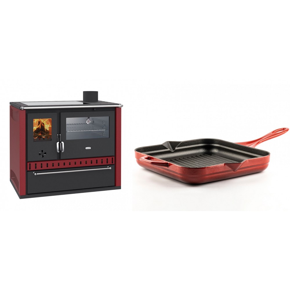 Set Küchenofen / Küchenhexe Wasserführend Prity GT W10 Rot, mit Edelstahl-Backofen, Glaskeramik-Kochfeld und Schublade, 13.3 kW + Emaillierte grillpfanne Gusseisen Solagio, Rubin, 28x28cm | Kaminofen - Holzofen mit Backfach | Kaminofen |