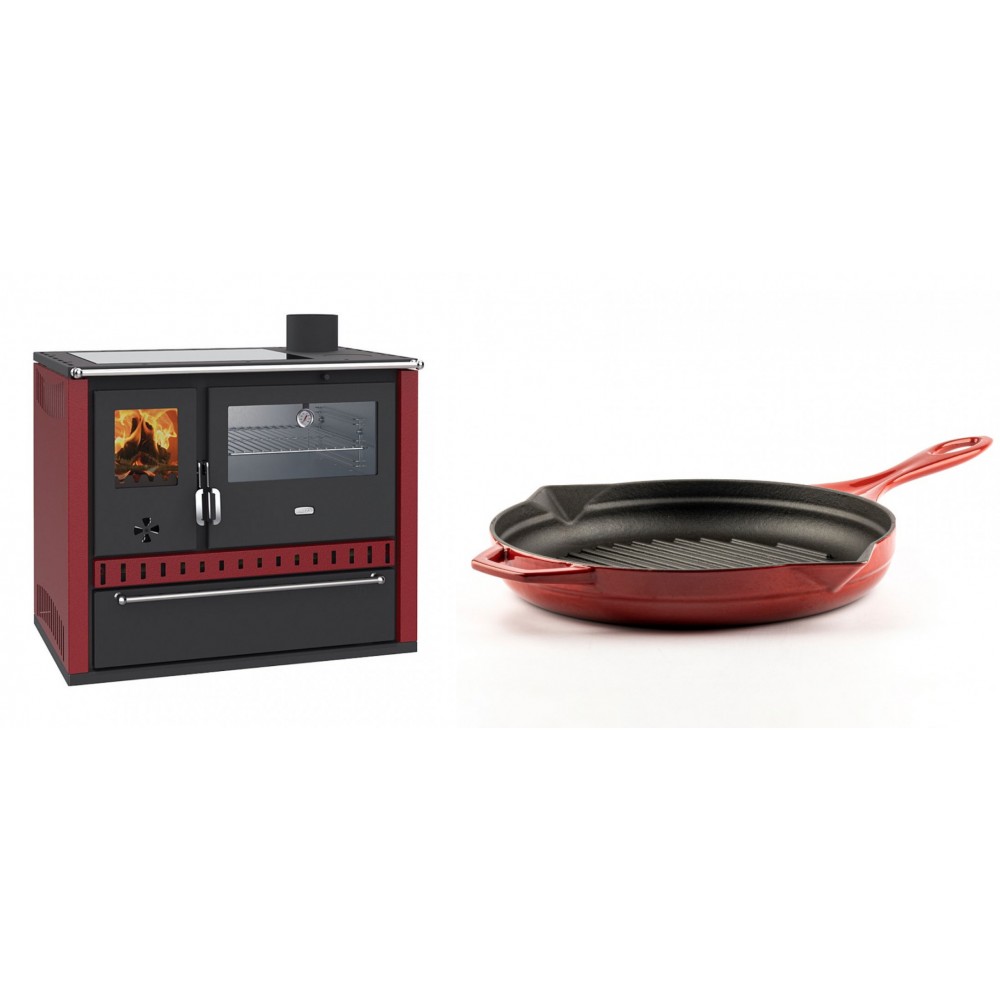 Set Küchenofen / Küchenhexe Wasserführend Prity GT W10 Rot, mit Edelstahl-Backofen, Glaskeramik-Kochfeld und Schublade, 13.3 kW + Emaillierte grillpfanne Gusseisen Solagio, Rubin, Ф28cm