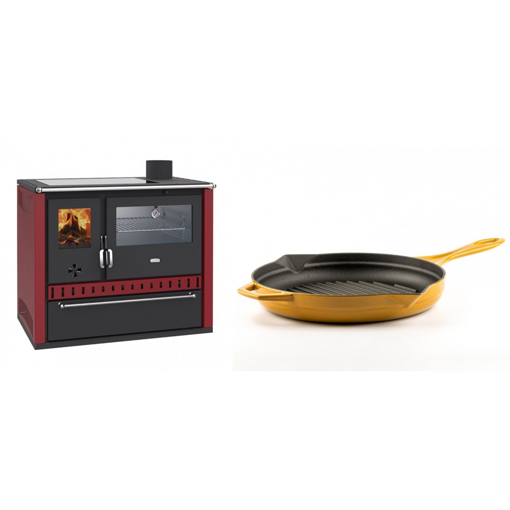 Set Küchenofen / Küchenhexe Wasserführend Prity GT W10 Rot, mit Edelstahl-Backofen, Glaskeramik-Kochfeld und Schublade, 13.3 kW + Emaillierte grillpfanne Gusseisen Solagio, Dijon, Ф28cm
