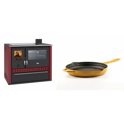 Set Küchenofen / Küchenhexe Wasserführend Prity GT W10 Rot, mit Edelstahl-Backofen, Glaskeramik-Kochfeld und Schublade, 13.3 kW + Emaillierte grillpfanne Gusseisen Solagio, Dijon, Ф24cm - Kaminofen - Holzofen mit Backfach