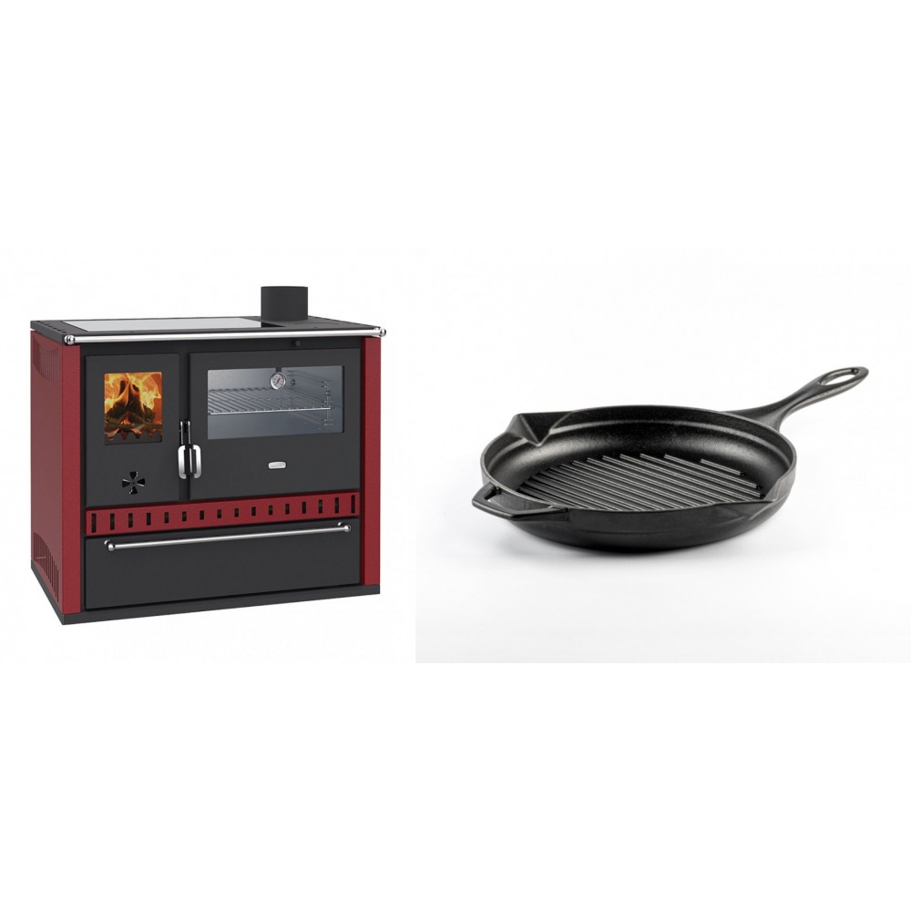 Set Küchenofen / Küchenhexe Wasserführend Prity GT W10 Rot, mit Edelstahl-Backofen, Glaskeramik-Kochfeld und Schublade, 13.3 kW + Emaillierte grillpfanne Gusseisen Solagio, Black Onyx, Ф24cm