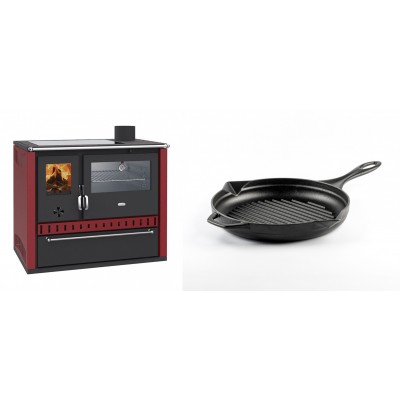 Set Küchenofen / Küchenhexe Wasserführend Prity GT W10 Rot, mit Edelstahl-Backofen, Glaskeramik-Kochfeld und Schublade, 13.3 kW + Emaillierte grillpfanne Gusseisen Solagio, Black Onyx, Ф24cm - Kaminofen - Holzofen mit Backfach