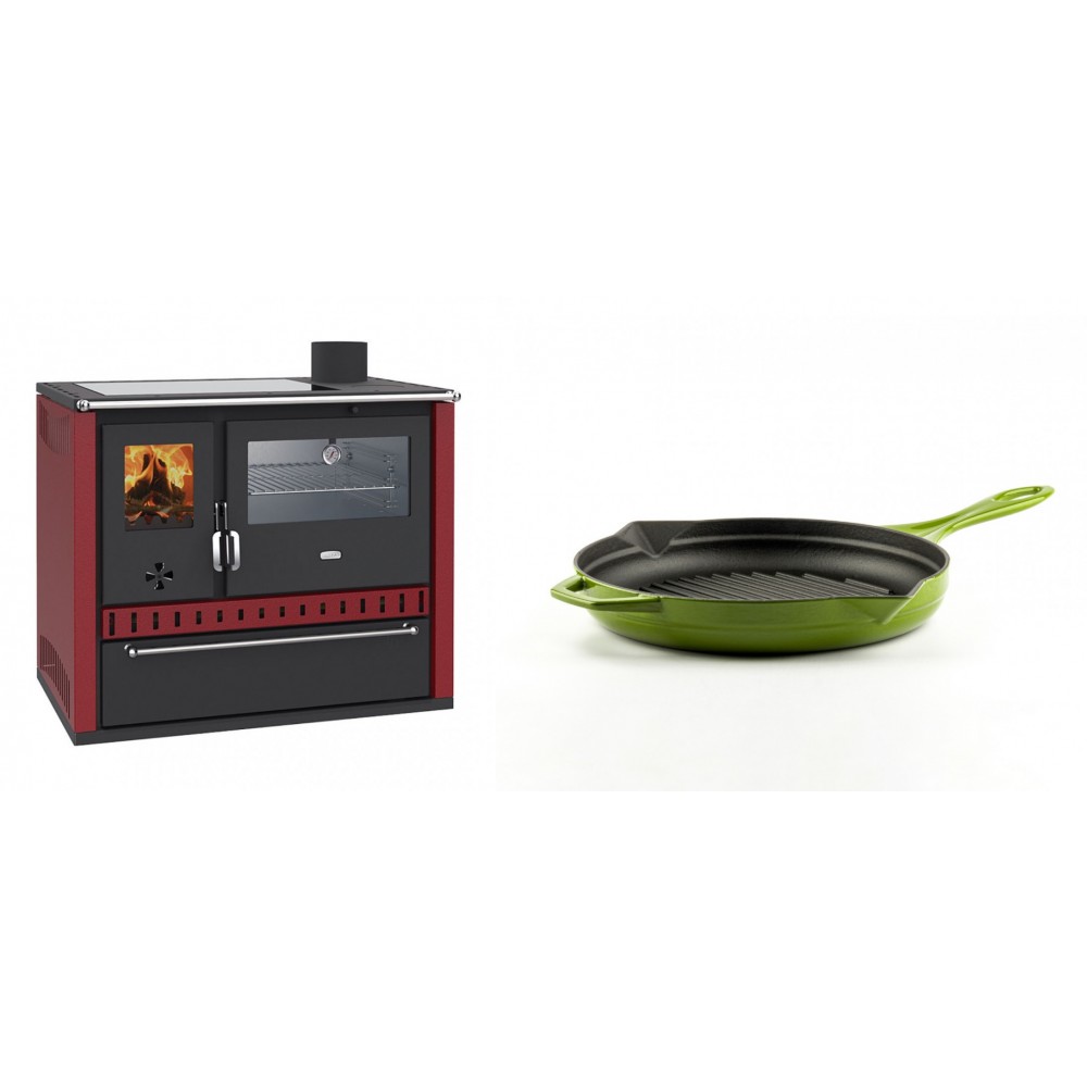 Set Küchenofen / Küchenhexe Wasserführend Prity GT W10 Rot, mit Edelstahl-Backofen, Glaskeramik-Kochfeld und Schublade, 13.3 kW + Emaillierte grillpfanne Gusseisen Solagio, Bamboo, Ф24cm | Kaminofen - Holzofen mit Backfach | Kaminofen |