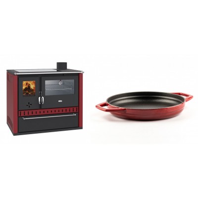Set Küchenofen / Küchenhexe Wasserführend Prity GT W10 Rot, mit Edelstahl-Backofen, Glaskeramik-Kochfeld und Schublade, 13.3 kW + Emaillierte gusseisenpfanne mit zwei Griffen Solagio, Rubin, Ф22cm - Kaminofen - Holzofen mit Backfach
