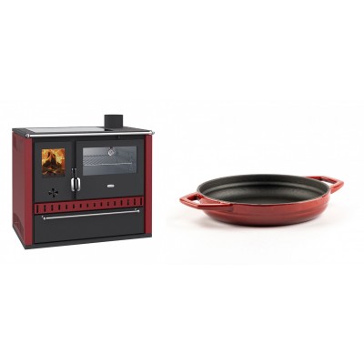 Set Küchenofen / Küchenhexe Wasserführend Prity GT W10 Rot, mit Edelstahl-Backofen, Glaskeramik-Kochfeld und Schublade, 13.3 kW + Emaillierte gusseisenpfanne mit zwei Griffen Solagio, Rubin, Ф19cm - Kaminofen - Holzofen mit Backfach