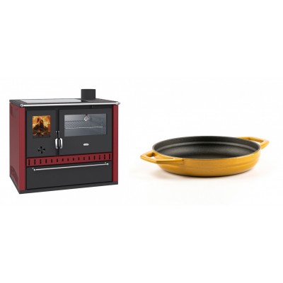 Set Küchenofen / Küchenhexe Wasserführend Prity GT W10 Rot, mit Edelstahl-Backofen, Glaskeramik-Kochfeld und Schublade, 13.3 kW + Emaillierte gusseisenpfanne mit zwei Griffen Solagio, Dijon, Ф19cm - Kaminofen - Holzofen mit Backfach