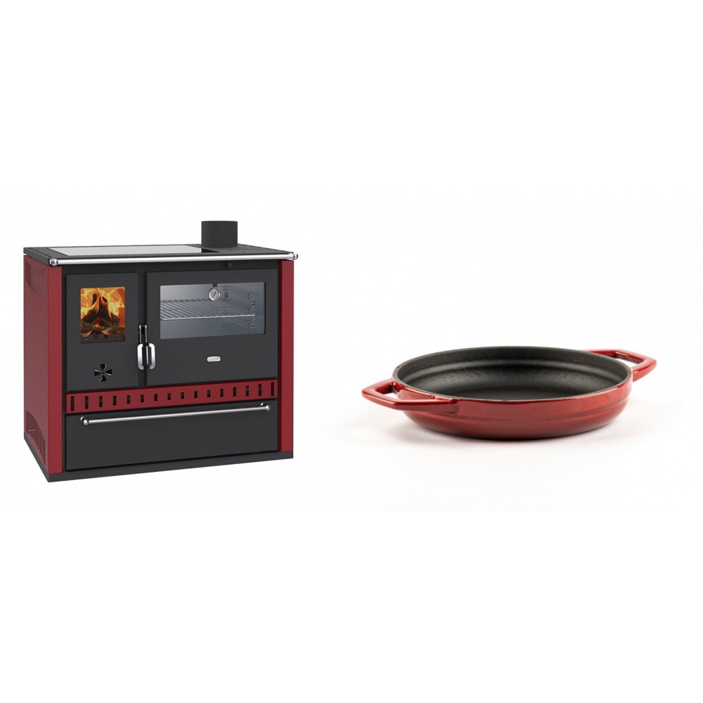 Set Küchenofen / Küchenhexe Wasserführend Prity GT W10 Rot, mit Edelstahl-Backofen, Glaskeramik-Kochfeld und Schublade, 13.3 kW + Emaillierte gusseisenpfanne mit zwei Griffen Solagio, Rubin, Ф16cm | Kaminofen - Holzofen mit Backfach | Kaminofen |