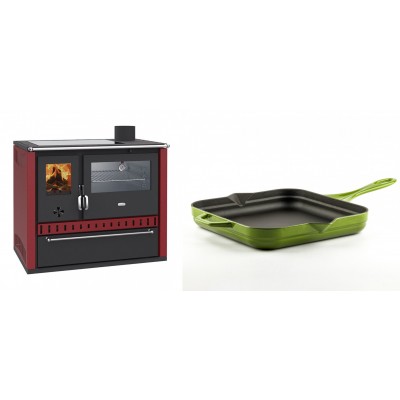 Set Küchenofen / Küchenhexe Wasserführend Prity GT W10 Rot, mit Edelstahl-Backofen, Glaskeramik-Kochfeld und Schublade, 13.3 kW + Emaillierte Gusseisenpfanne Solagio, Bamboo, 28x28cm - Kaminofen - Holzofen mit Backfach