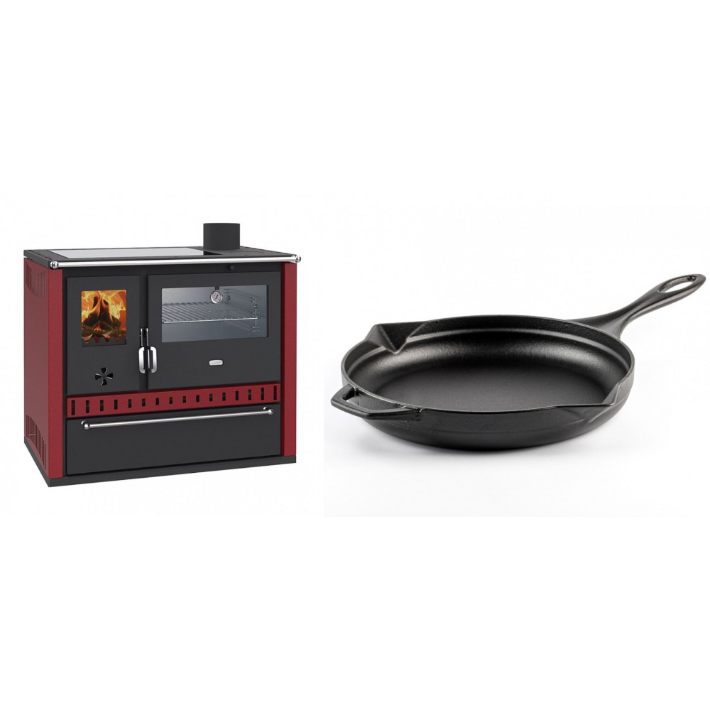 Set Küchenofen / Küchenhexe Wasserführend Prity GT W10 Rot, mit Edelstahl-Backofen, Glaskeramik-Kochfeld und Schublade, 13.3 kW + Emaillierte Gusseisenpfanne Solagio, Black Onyx, Ф28cm