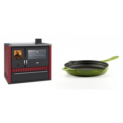 Set Küchenofen / Küchenhexe Wasserführend Prity GT W10 Rot, mit Edelstahl-Backofen, Glaskeramik-Kochfeld und Schublade, 13.3 kW + Emaillierte Gusseisenpfanne Solagio, Bamboo, Ф24cm - Kaminofen - Holzofen mit Backfach