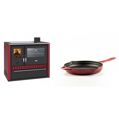 Set Küchenofen / Küchenhexe Wasserführend Prity GT W10 Rot, mit Edelstahl-Backofen, Glaskeramik-Kochfeld und Schublade, 13.3 kW + Emaillierte Gusseisenpfanne Solagio, Rubin, Ф24cm - Kaminofen - Holzofen mit Backfach