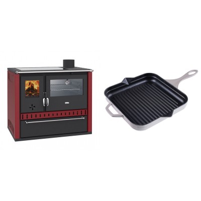 Set Küchenofen / Küchenhexe Wasserführend Prity GT W10 Rot, mit Edelstahl-Backofen, Glaskeramik-Kochfeld und Schublade, 13.3 kW + Emaillierte grillpfanne Gusseisen Solagio, Ivory, 28x28cm - Kaminofen - Holzofen mit Backfach