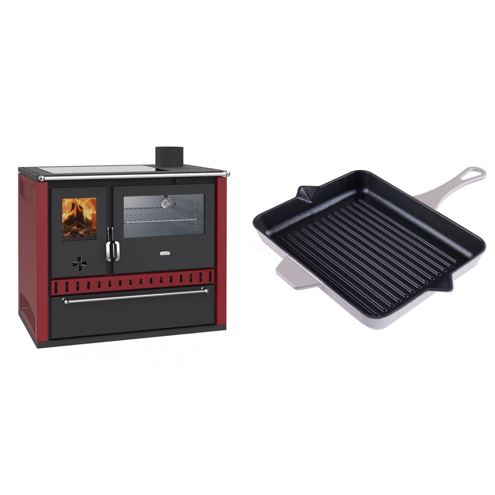 Set Küchenofen / Küchenhexe Wasserführend Prity GT W10 Rot, mit Edelstahl-Backofen, Glaskeramik-Kochfeld und Schublade, 13.3 kW + Emaillierte grillpfanne Gusseisen Solagio, Ivory, 26x32cm
