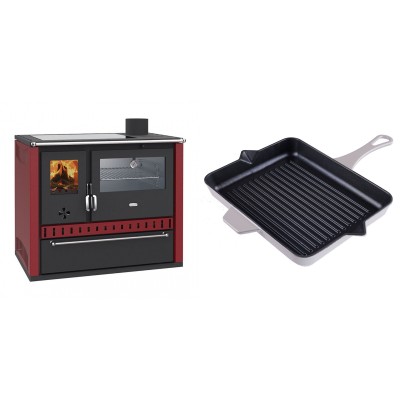 Set Küchenofen / Küchenhexe Wasserführend Prity GT W10 Rot, mit Edelstahl-Backofen, Glaskeramik-Kochfeld und Schublade, 13.3 kW + Emaillierte grillpfanne Gusseisen Solagio, Ivory, 26x32cm - Kaminofen - Holzofen mit Backfach