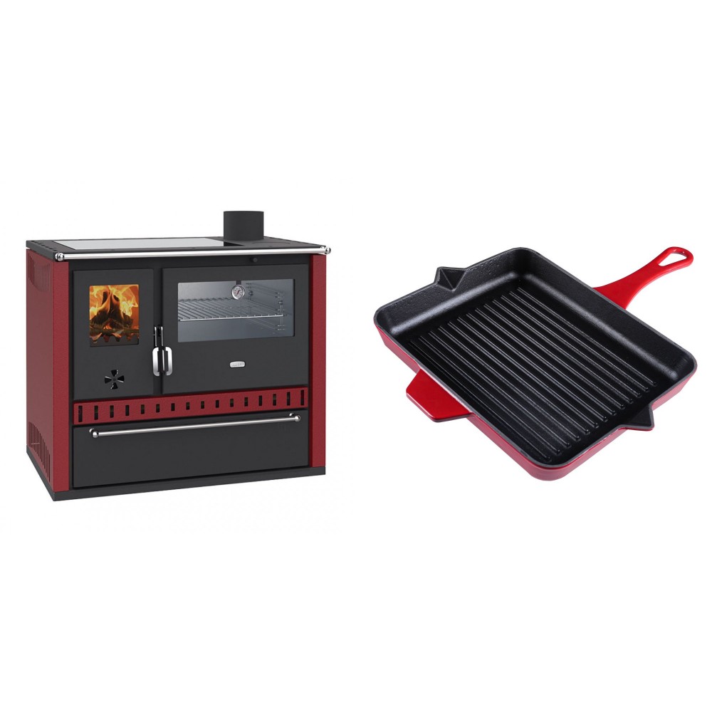 Set Küchenofen / Küchenhexe Wasserführend Prity GT W10 Rot, mit Edelstahl-Backofen, Glaskeramik-Kochfeld und Schublade, 13.3 kW + Emaillierte grillpfanne Gusseisen Solagio, Rubin, 26x32cm
