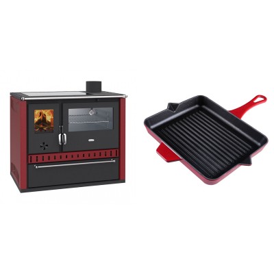 Set Küchenofen / Küchenhexe Wasserführend Prity GT W10 Rot, mit Edelstahl-Backofen, Glaskeramik-Kochfeld und Schublade, 13.3 kW + Emaillierte grillpfanne Gusseisen Solagio, Rubin, 26x32cm - Kaminofen - Holzofen mit Backfach