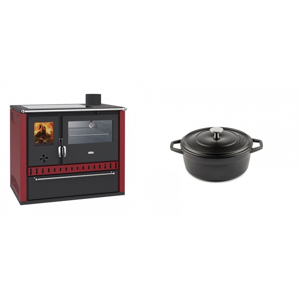 Set Küchenofen / Küchenhexe Wasserführend Prity GT W10 Rot, mit Edelstahl-Backofen, Glaskeramik-Kochfeld und Schublade, 13.3 kW + Gusseisen Topf Tiefer Solagio, Black Onyx, Ф12 | Kaminofen - Holzofen mit Backfach | Kaminofen |