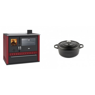 Set Küchenofen / Küchenhexe Wasserführend Prity GT W10 Rot, mit Edelstahl-Backofen, Glaskeramik-Kochfeld und Schublade, 13.3 kW + Gusseisen Topf Tiefer Solagio, Black Onyx, Ф12 - Kaminofen - Holzofen mit Backfach