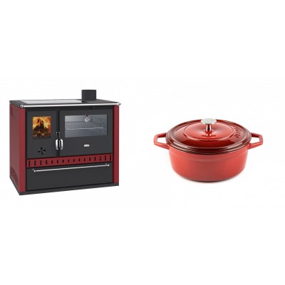 Set Küchenofen / Küchenhexe Wasserführend Prity GT W10 Rot, mit Edelstahl-Backofen, Glaskeramik-Kochfeld und Schublade, 13.3 kW + Gusseisen Topf Tiefer Solagio, Rubin, Ф20 - Kaminofen - Holzofen mit Backfach