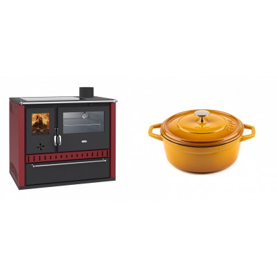 Set Küchenofen / Küchenhexe Wasserführend Prity GT W10 Rot, mit Edelstahl-Backofen, Glaskeramik-Kochfeld und Schublade, 13.3 kW + Gusseisen Topf Tiefer Solagio, Dijon, Ф20 - Kaminofen - Holzofen mit Backfach