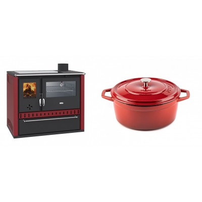 Set Küchenofen / Küchenhexe Wasserführend Prity GT W10 Rot, mit Edelstahl-Backofen, Glaskeramik-Kochfeld und Schublade, 13.3 kW + Gusseisen Topf Tiefer Solagio, Rubin, Ф24 - Kaminofen - Holzofen mit Backfach