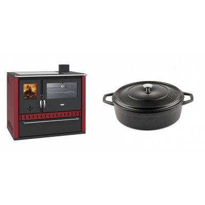 Set Küchenofen / Küchenhexe Wasserführend Prity GT W10 Rot, mit Edelstahl-Backofen, Glaskeramik-Kochfeld und Schublade, 13.3 kW + Gusseisen Topf Flach Solagio, Black Onyx, Ф26 - Kaminofen - Holzofen mit Backfach