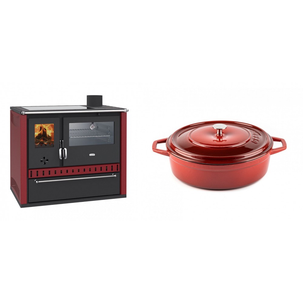 Set Küchenofen / Küchenhexe Wasserführend Prity GT W10 Rot, mit Edelstahl-Backofen, Glaskeramik-Kochfeld und Schublade, 13.3 kW + Gusseisen Topf Flach Solagio, Rubin, Ф26 | Kaminofen - Holzofen mit Backfach | Kaminofen |